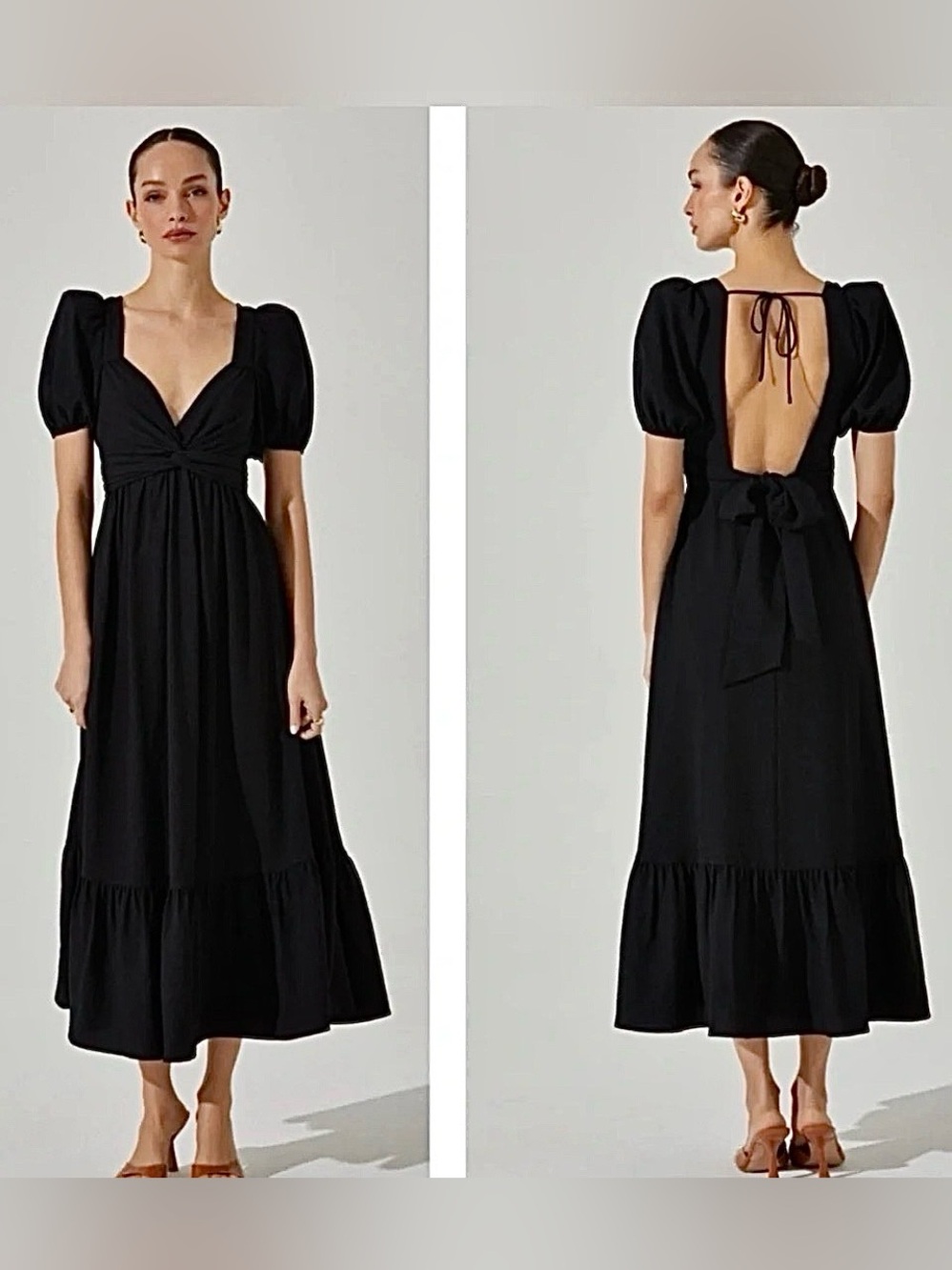 ASTR The Label Tie Twist Puff Sleeve Midi Dress Black S MSRP $148 NWT